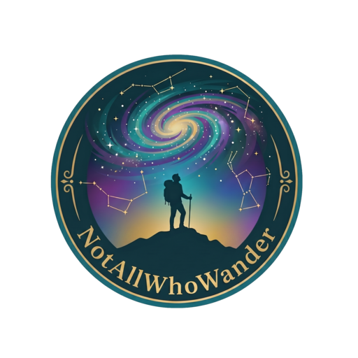 NotAllWhoWander circular emblem: a hiker beneath a swirling galaxy